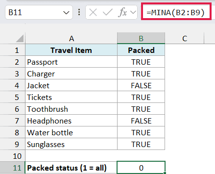 MINA returns 0 because the packing checklist includes FALSE entries.