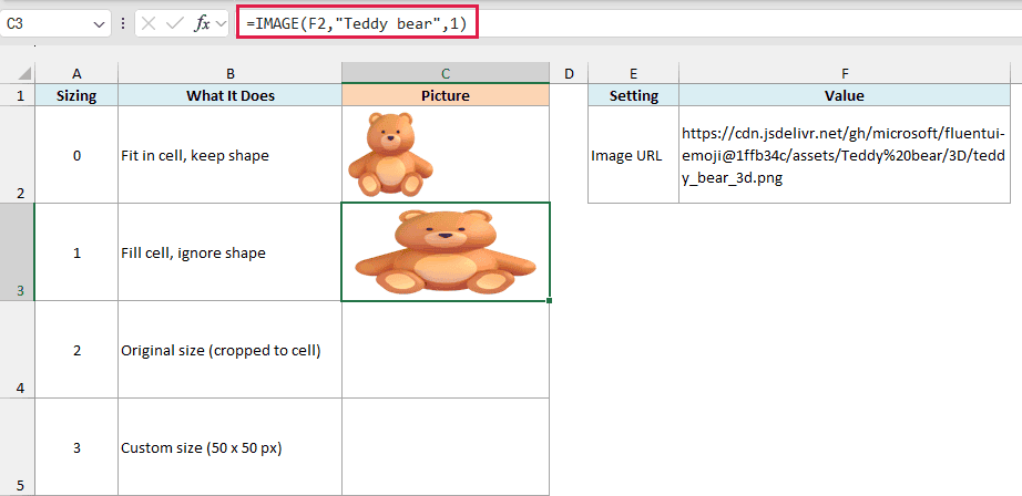IMAGE formula with sizing 1 stretches the teddy bear to fill cell C3
