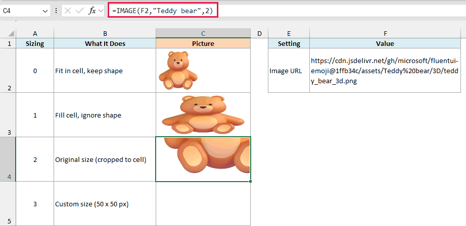 IMAGE formula with sizing 2 shows the teddy bear at its original size, cropped to cell C4