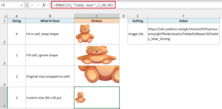 IMAGE formula with sizing 3 shows the teddy bear at a custom 50 by 50 pixel size in C5