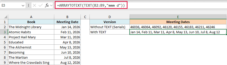 ARRAYTOTEXT with TEXT returning the meeting dates as readable dates