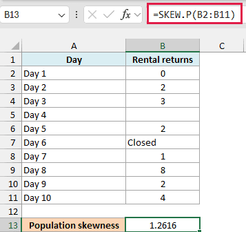 Excel rental returns with a blank and text entry with the SKEW.P formula and population skewness result