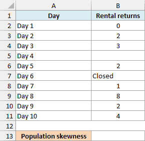 Excel rental returns with a blank and text entry before entering SKEW.P