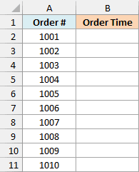 Ten coffee shop order numbers with an empty Order Time column