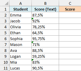 Exam scores stored as percentage text with a comma decimal