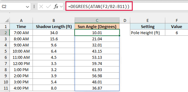 ATAN formula returning the sun's angle from each shadow length