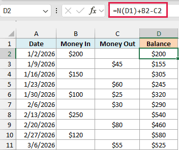 Running balance formula using N on the header cell above