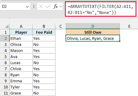 ARRAYTOTEXT with FILTER listing the players who still owe the fee in one cell