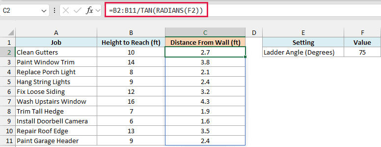 TAN formula giving the ladder distance from the wall
