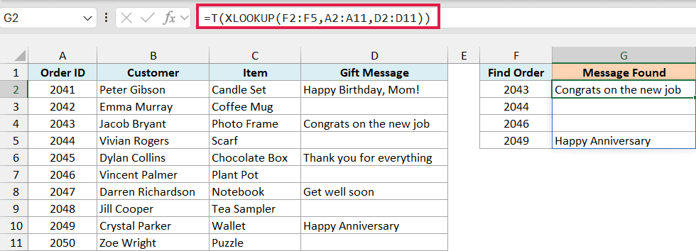 T wrapped around XLOOKUP returning blanks instead of 0 for orders without a gift message