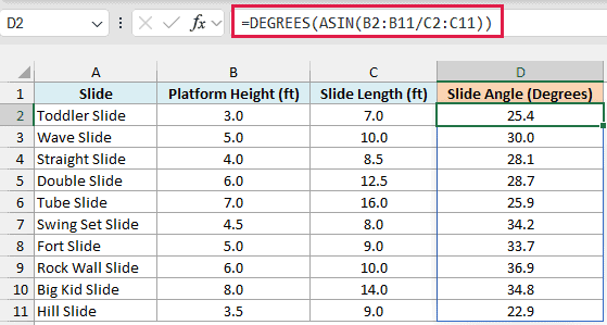 ASIN and DEGREES formula returning the angle of each slide