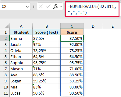 NUMBERVALUE formula converting percentage text into real percentages