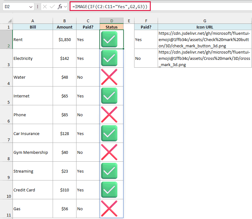 IMAGE and IF formula in D2 shows a check mark for paid bills and a cross for unpaid bills