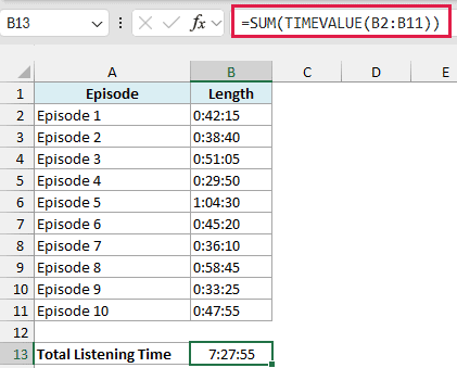 SUM and TIMEVALUE formula adding text durations to a total of 7:27:55