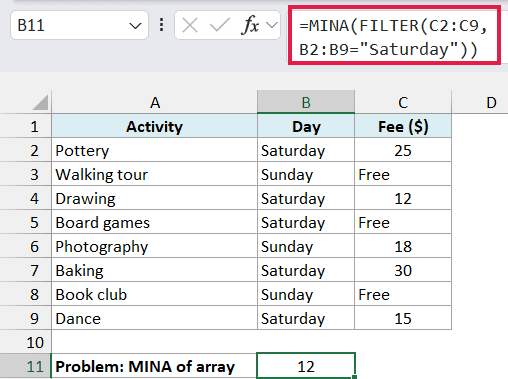MINA applied directly to FILTER returns 12 and ignores Free in the calculated array.