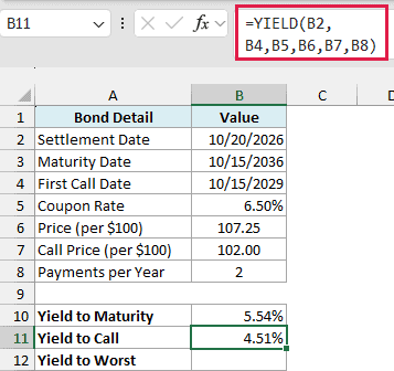 YIELD formula returning the yield to call using the first call date and call price