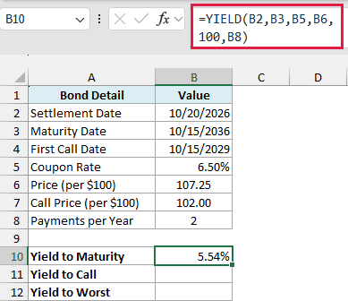 YIELD formula returning the yield to maturity of the callable bond