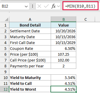 MIN formula returning the yield to worst