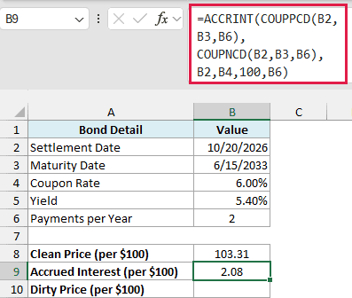 ACCRINT formula returning the interest accrued since the last coupon date