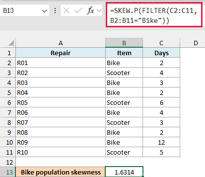 Excel bike and scooter repair durations with the SKEW.P formula and population skewness result