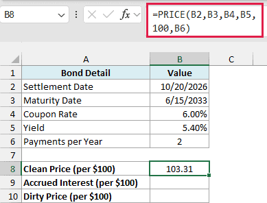 PRICE formula returning the clean price of the bond