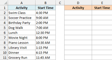 Saturday schedule with text start times in random order