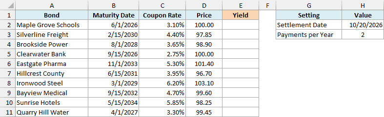 Bond list where two bonds have already matured, with settlement date and payments per year