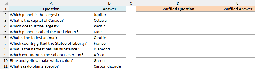 A trivia quiz with questions and answers, and empty Shuffled Question and Shuffled Answer columns