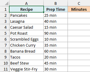 Recipe prep times stored as text like 25 min in Excel