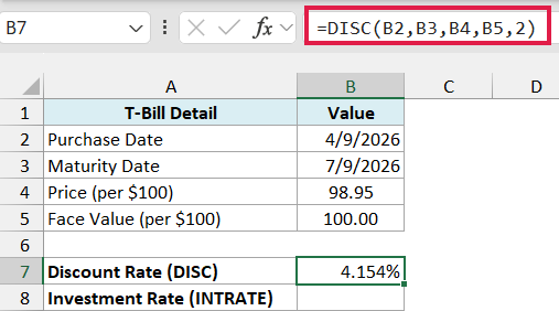 DISC formula returning the Treasury bill's 4.154% discount rate