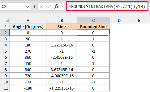 ROUND formula turning the tiny SIN results into a clean 0