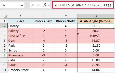 ATAN direction angles with a #DIV/0! error and wrong angles for places west of home