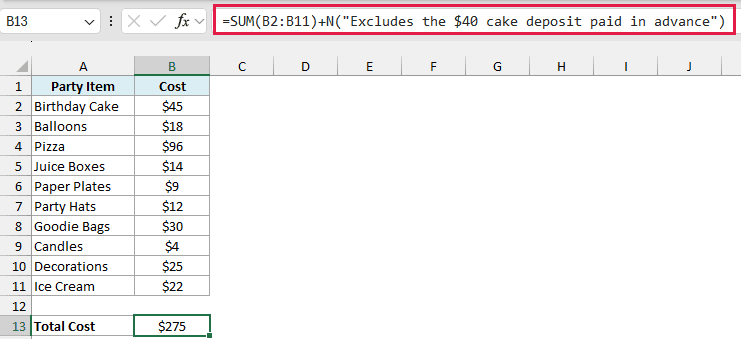 Total cost formula with a note added inside it using the N function