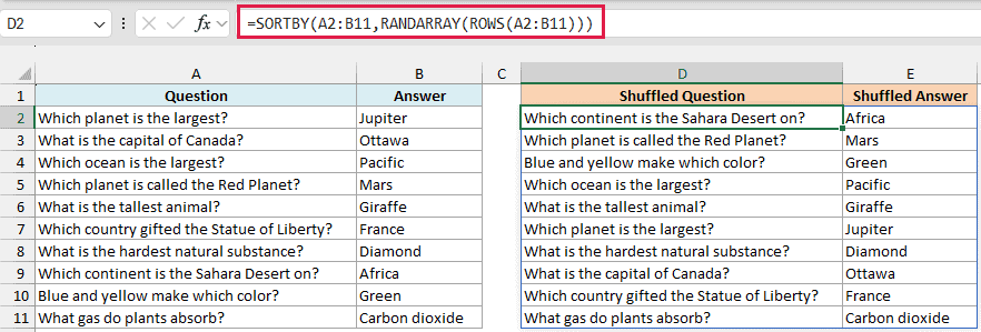 SORTBY with RANDARRAY shuffling the trivia questions, with each answer staying next to its question