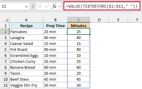 VALUE and TEXTBEFORE formula extracting the prep minutes as numbers