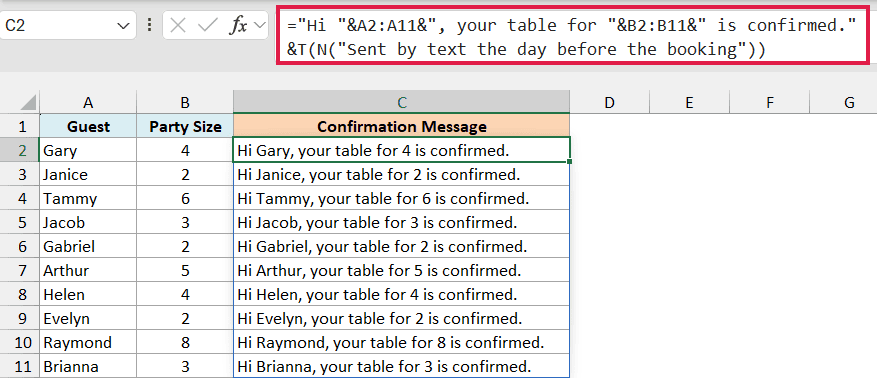 Confirmation messages built with a hidden note inside the formula using T and N