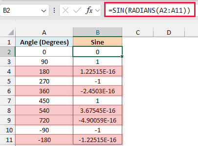 SIN returning tiny numbers instead of 0 at 180 and 360 degrees