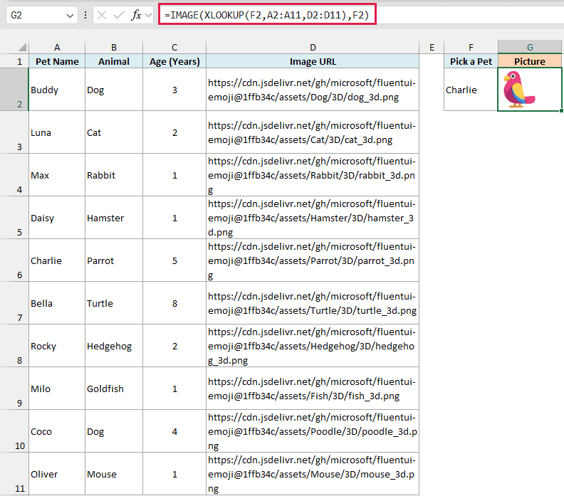 IMAGE with XLOOKUP formula in G2 shows the picture of Charlie the parrot picked in F2