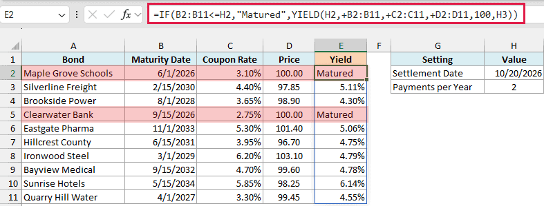 IF and YIELD formula showing Matured for matured bonds and the yield for the rest