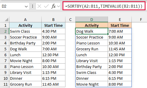 SORTBY and TIMEVALUE formula sorting text times in clock order