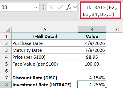 INTRATE formula returning the Treasury bill's 4.256% investment rate