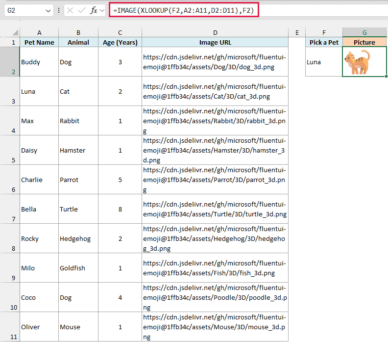 After picking Luna in the F2 drop-down, the IMAGE with XLOOKUP formula shows a picture of a cat