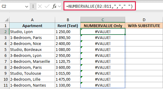 NUMBERVALUE returning #VALUE! because the rents use non-breaking spaces