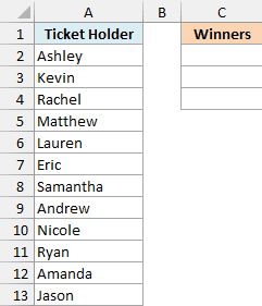 Twelve raffle ticket holders with an empty Winners column
