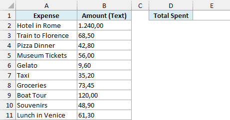 Trip expenses stored as text in the European format with a Total Spent cell