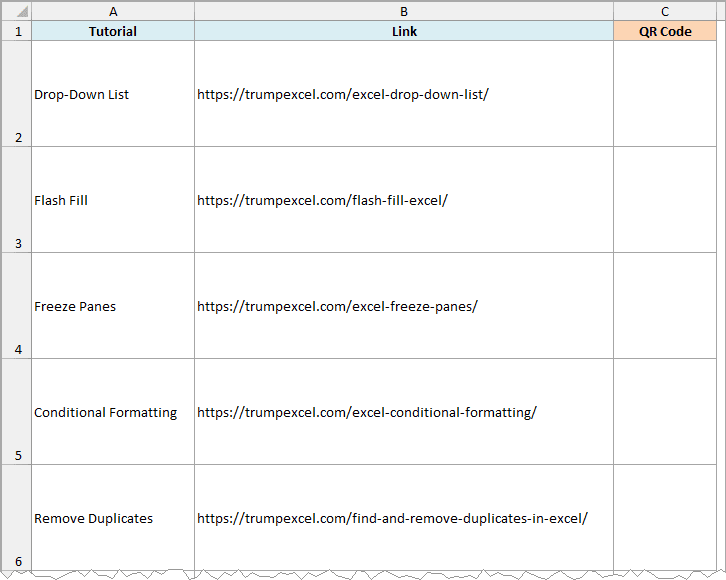 List of TrumpExcel tutorial names and their links with an empty QR Code column C