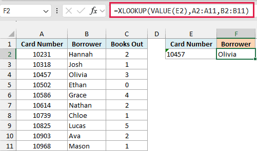 XLOOKUP with VALUE returning Olivia for a card number stored as text