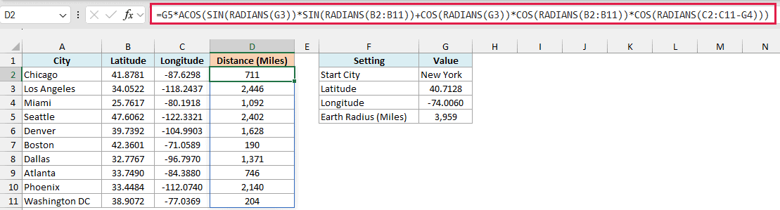 SIN and COS formula returning the distance of each city from New York