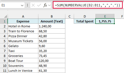 SUM and NUMBERVALUE formula totaling text amounts in one cell