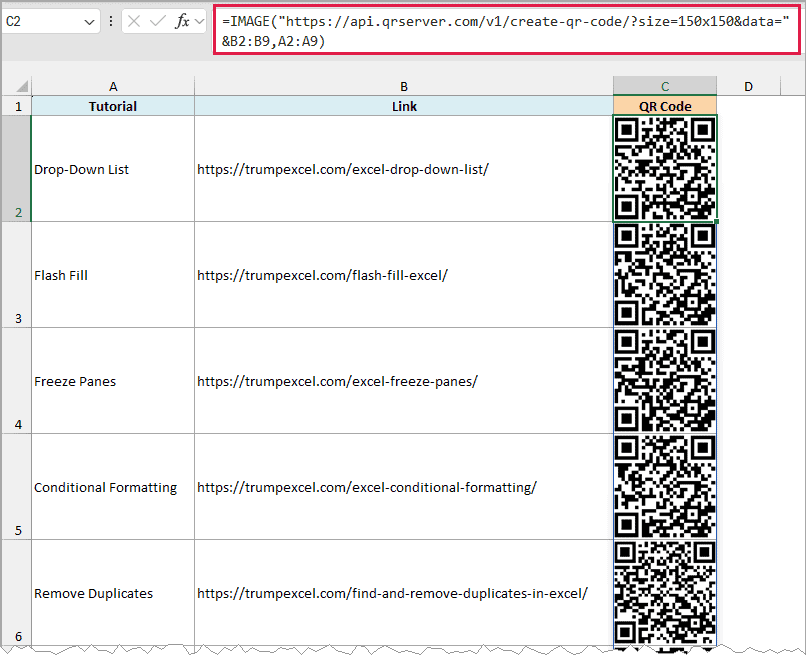 IMAGE formula joins each link to a QR code service address and shows a QR code for each tutorial in column C